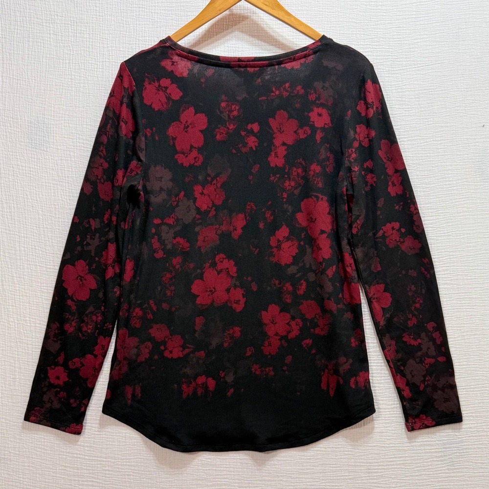 Simply Vera‎ Vera Wang Floral Top Womens M Black Red Long Sleeve Scoop Neck Goth - Picture 2 of 9